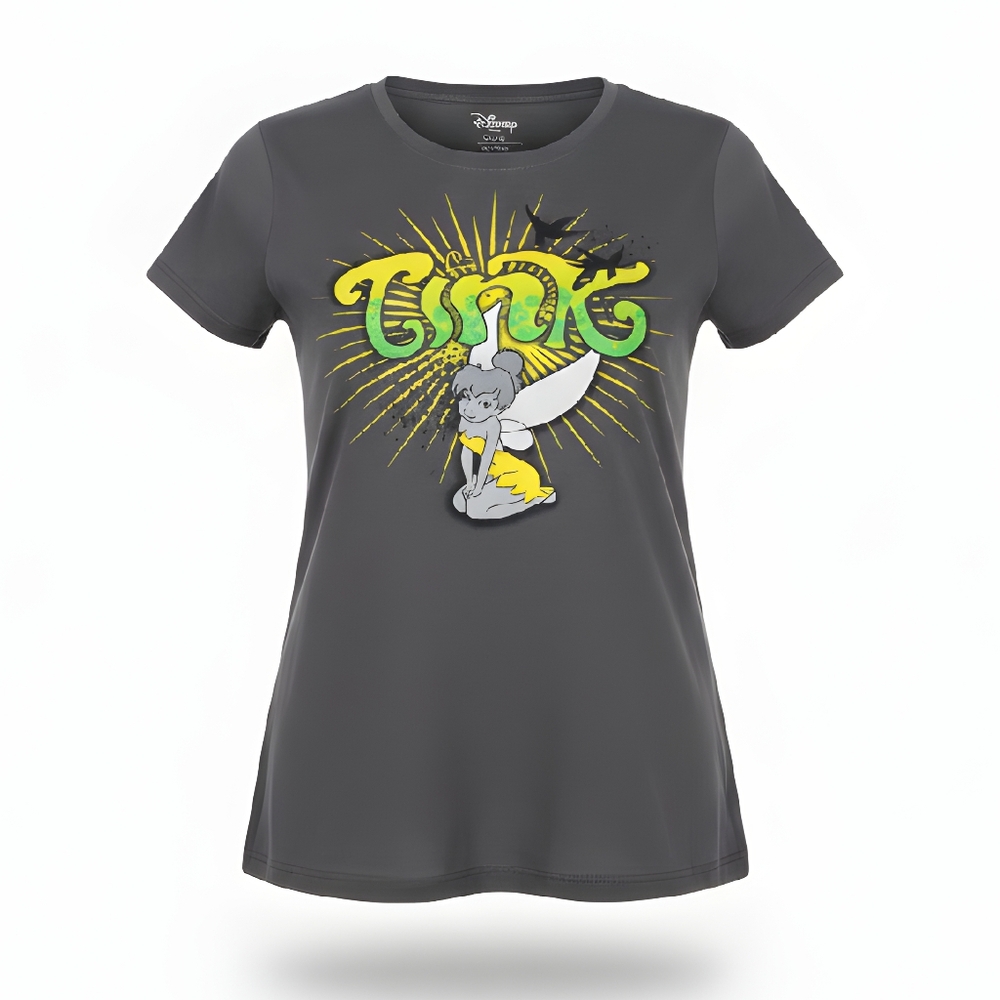Disney Charcoal Tee with Tinker Bell in Yellow and Green Junior Size 15/17 XL.